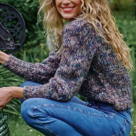 VERONICA BEARD Chaya Space Dye Puff Shoulder Crewneck Cropped Sweater in Multi - Picture 6 of 13
